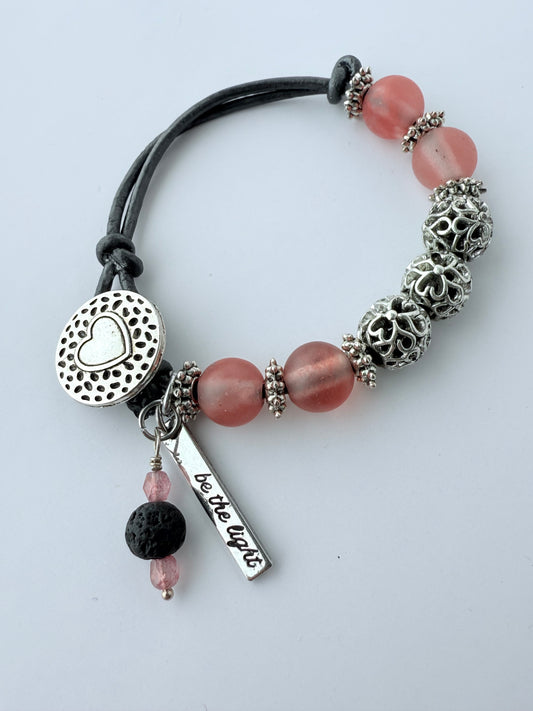 Leather Bracelet with Pink Rose Quartz Gemstone Beads