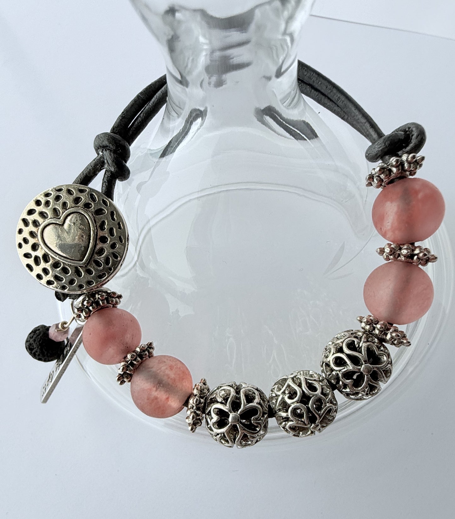 Leather Bracelet with Pink Rose Quartz Gemstone Beads