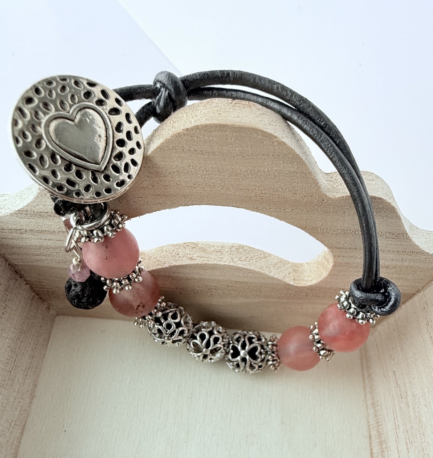 Leather Bracelet with Pink Rose Quartz Gemstone Beads
