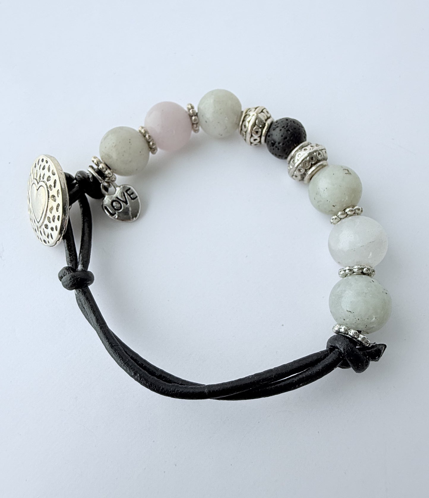Leather Bracelet with Grey Agate Gemstone Beads