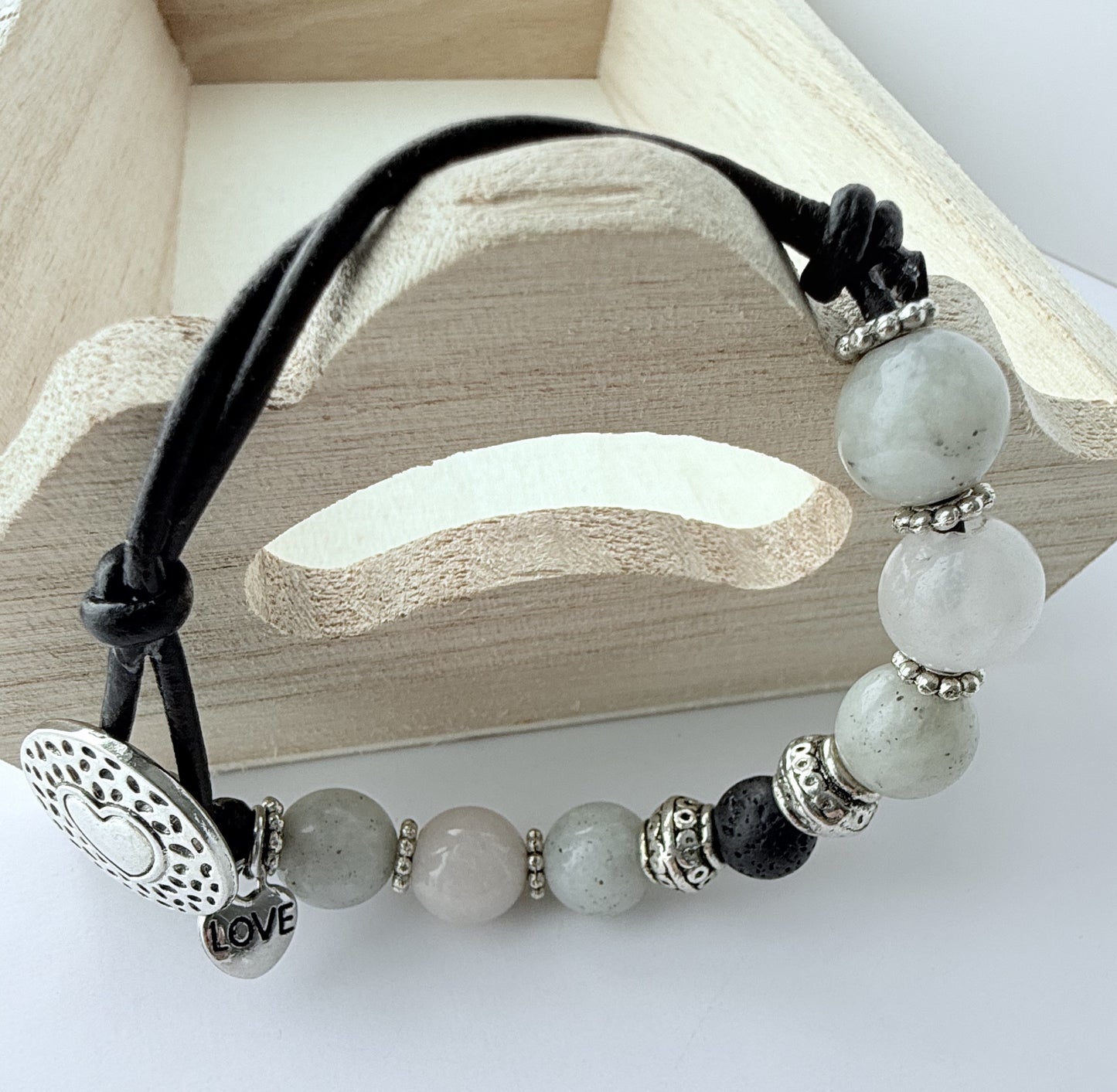 Leather Bracelet with Grey Agate Gemstone Beads