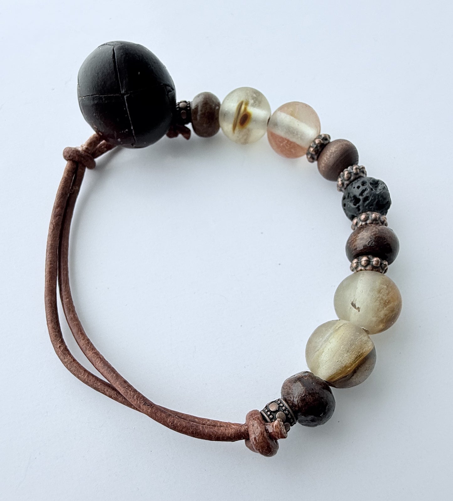 Leather Bracelet with Neutral Agate Gemstone & Wood Beads