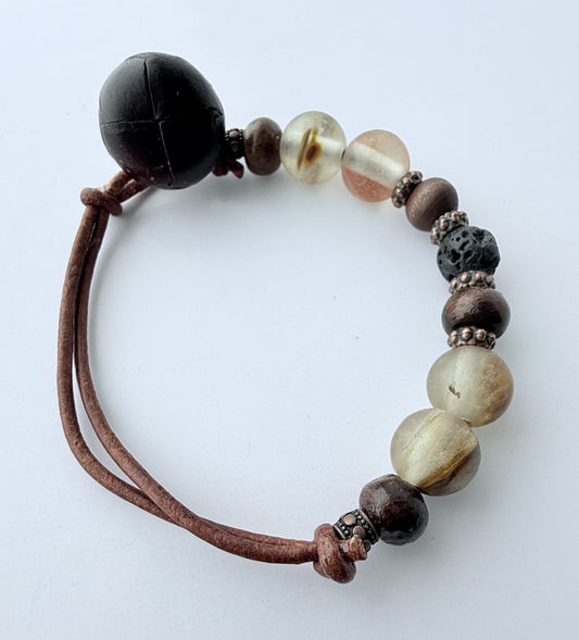 Leather Bracelet with Neutral Agate Gemstone & Wood Beads