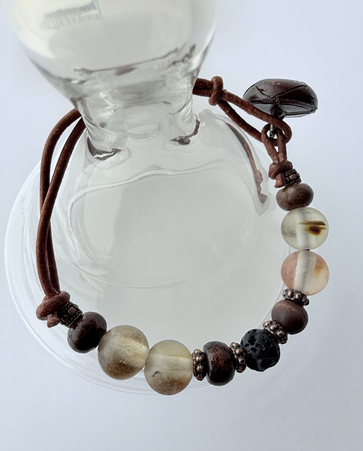 Leather Bracelet with Neutral Agate Gemstone & Wood Beads