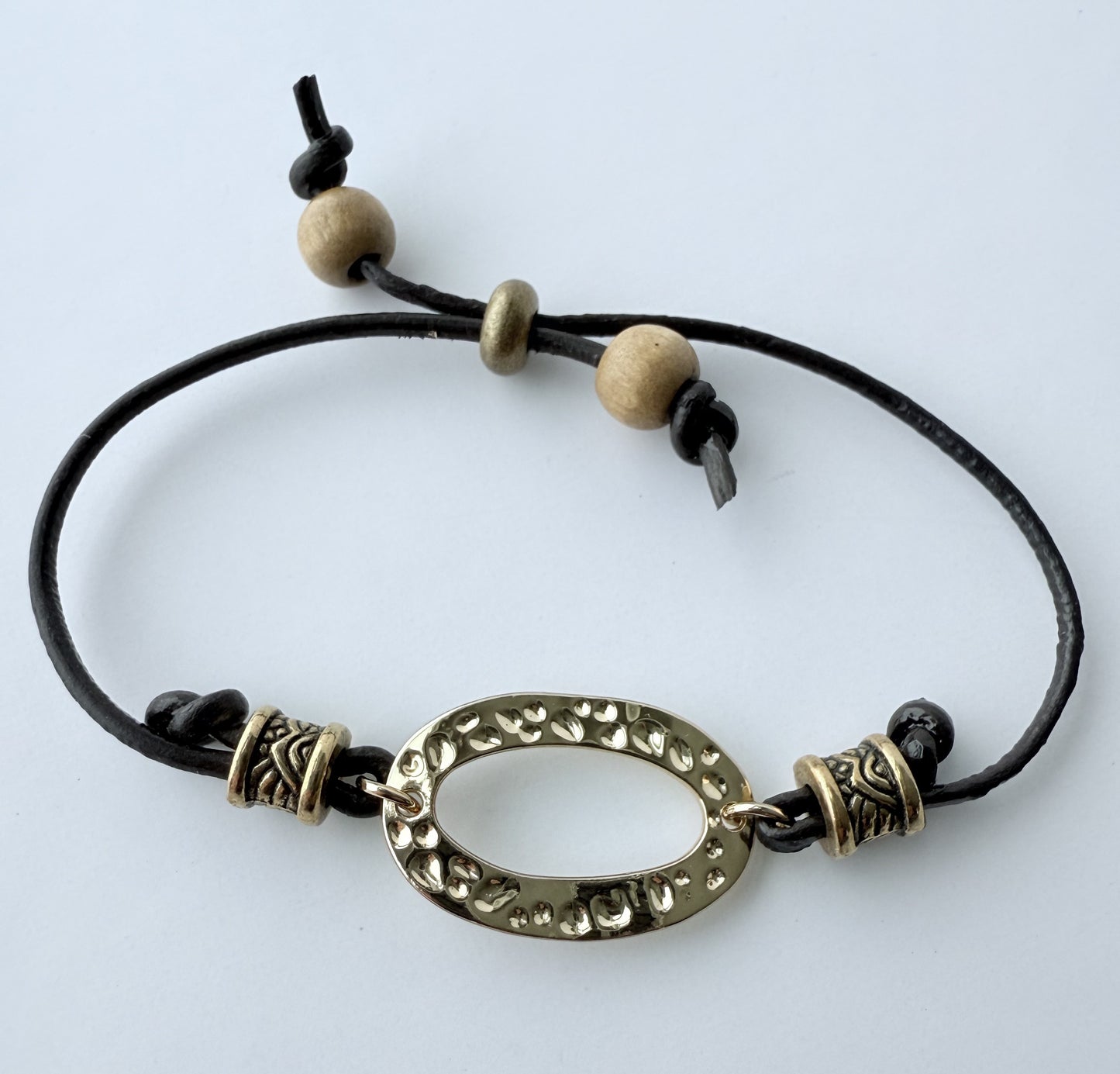 Leather Bracelet with Natural Wood Beads & Gold Accent Beads