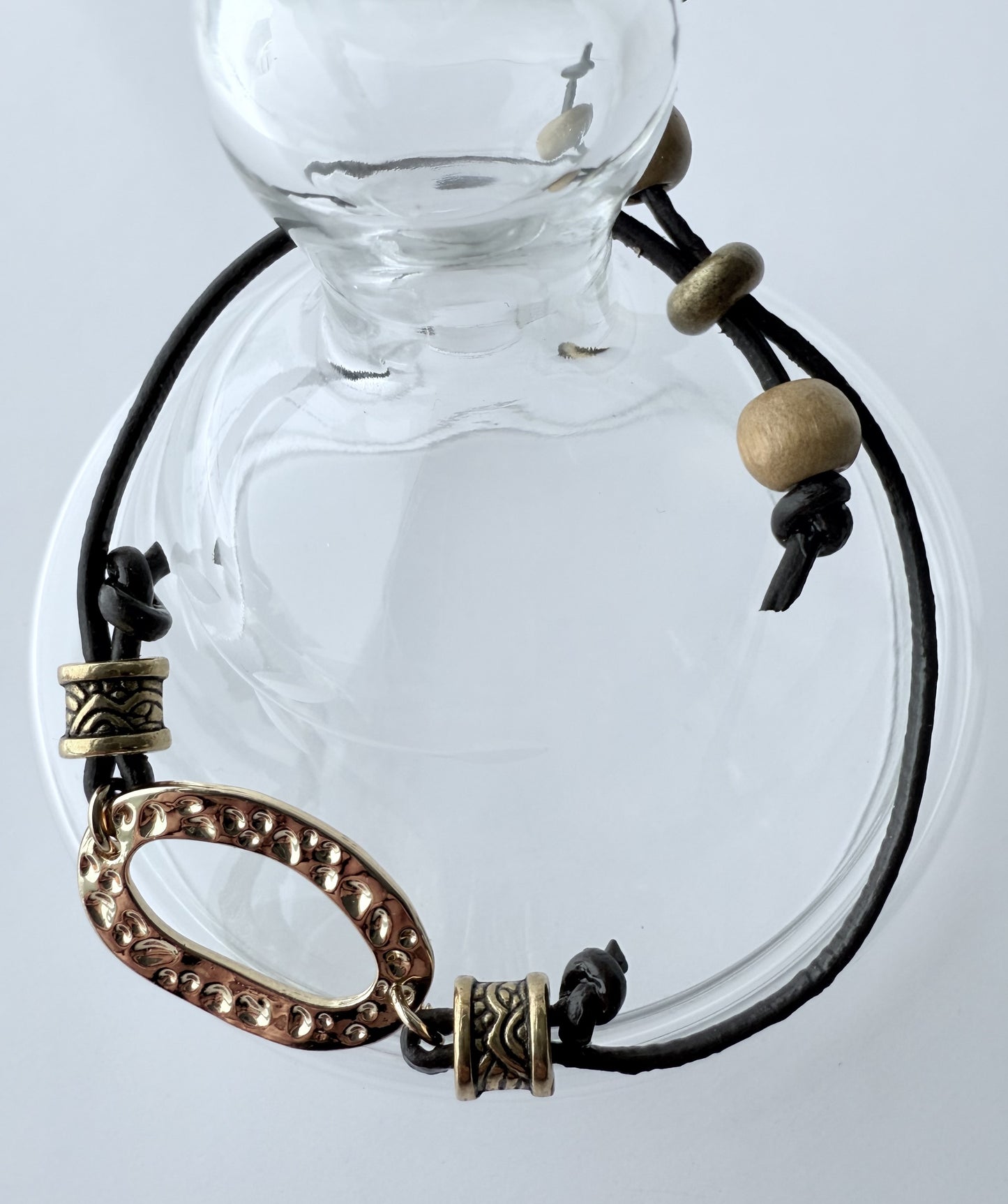Leather Bracelet with Natural Wood Beads & Gold Accent Beads