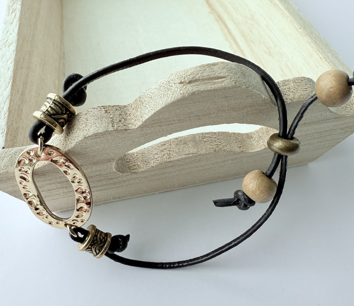 Leather Bracelet with Natural Wood Beads & Gold Accent Beads