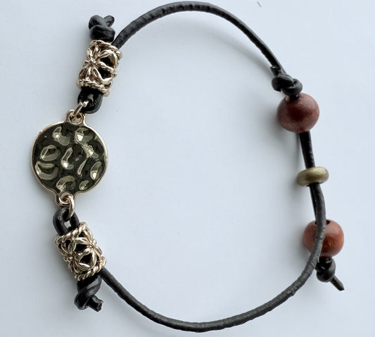 Leather Bracelet with Wood Beads & Gold Accent Beads