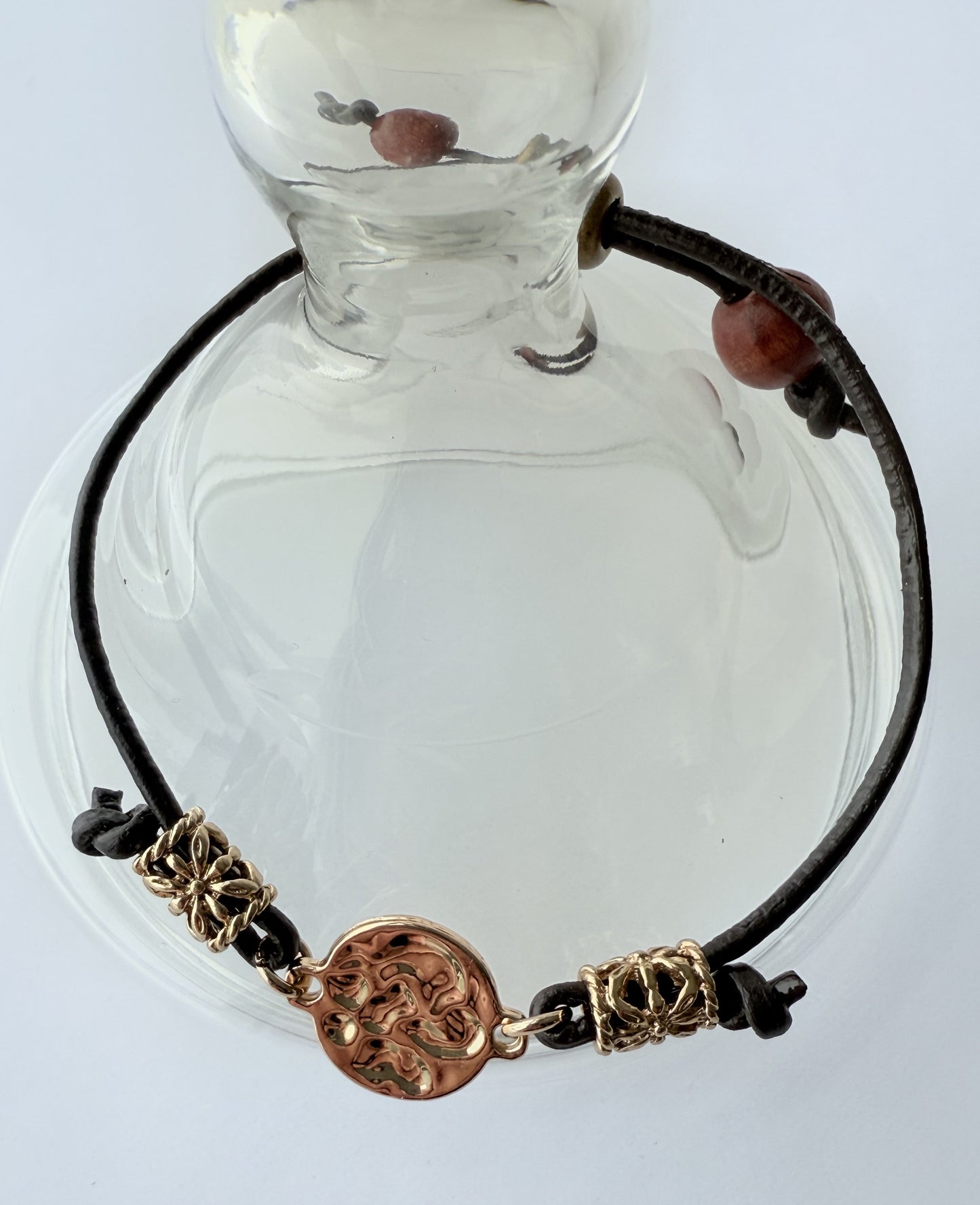 Leather Bracelet with Wood Beads & Gold Accent Beads