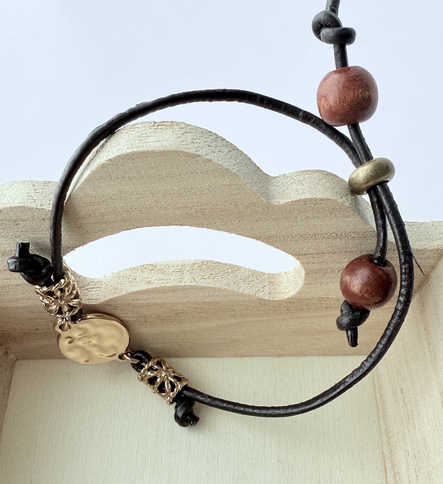 Leather Bracelet with Wood Beads & Gold Accent Beads