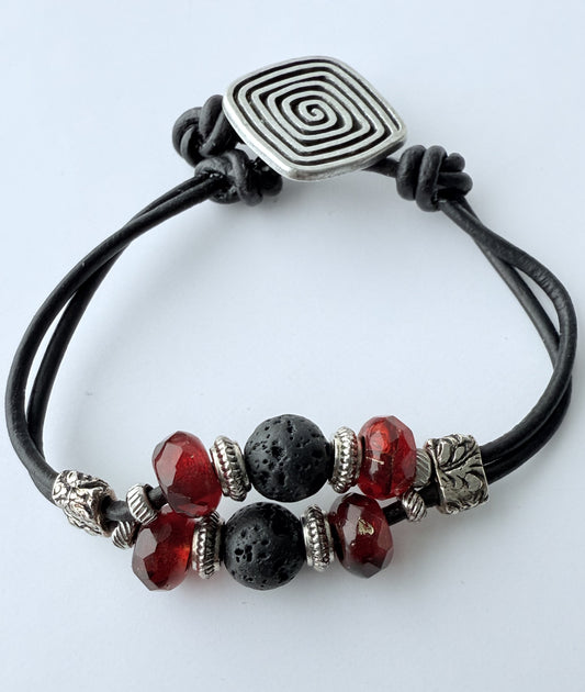 Leather Bracelet with Red Czech Glass Beads