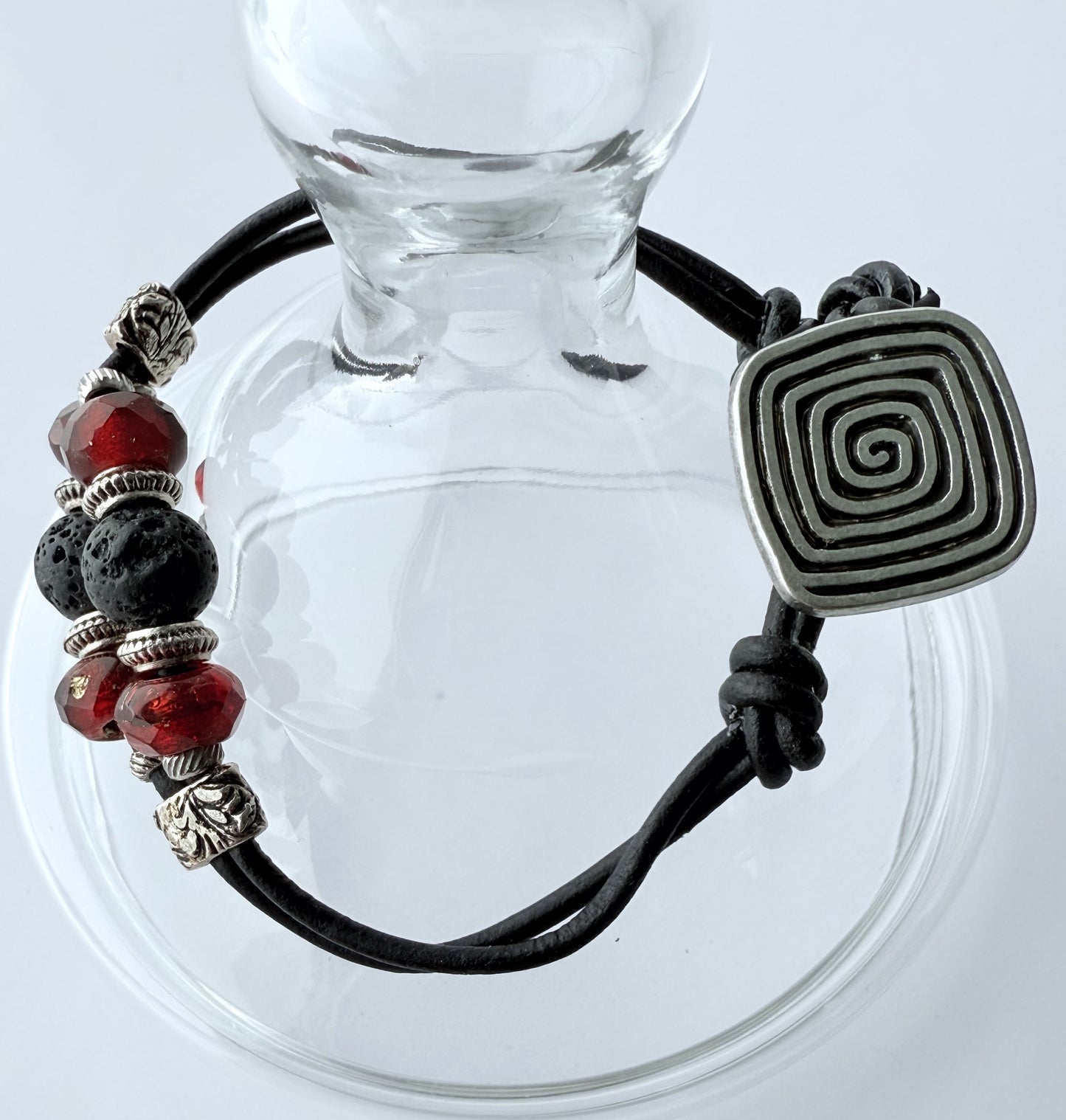 Leather Bracelet with Red Czech Glass Beads