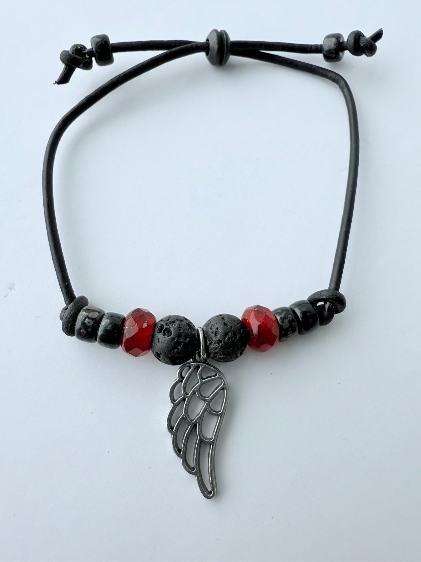 Leather Bracelet with Red & Black Czech Glass Beads