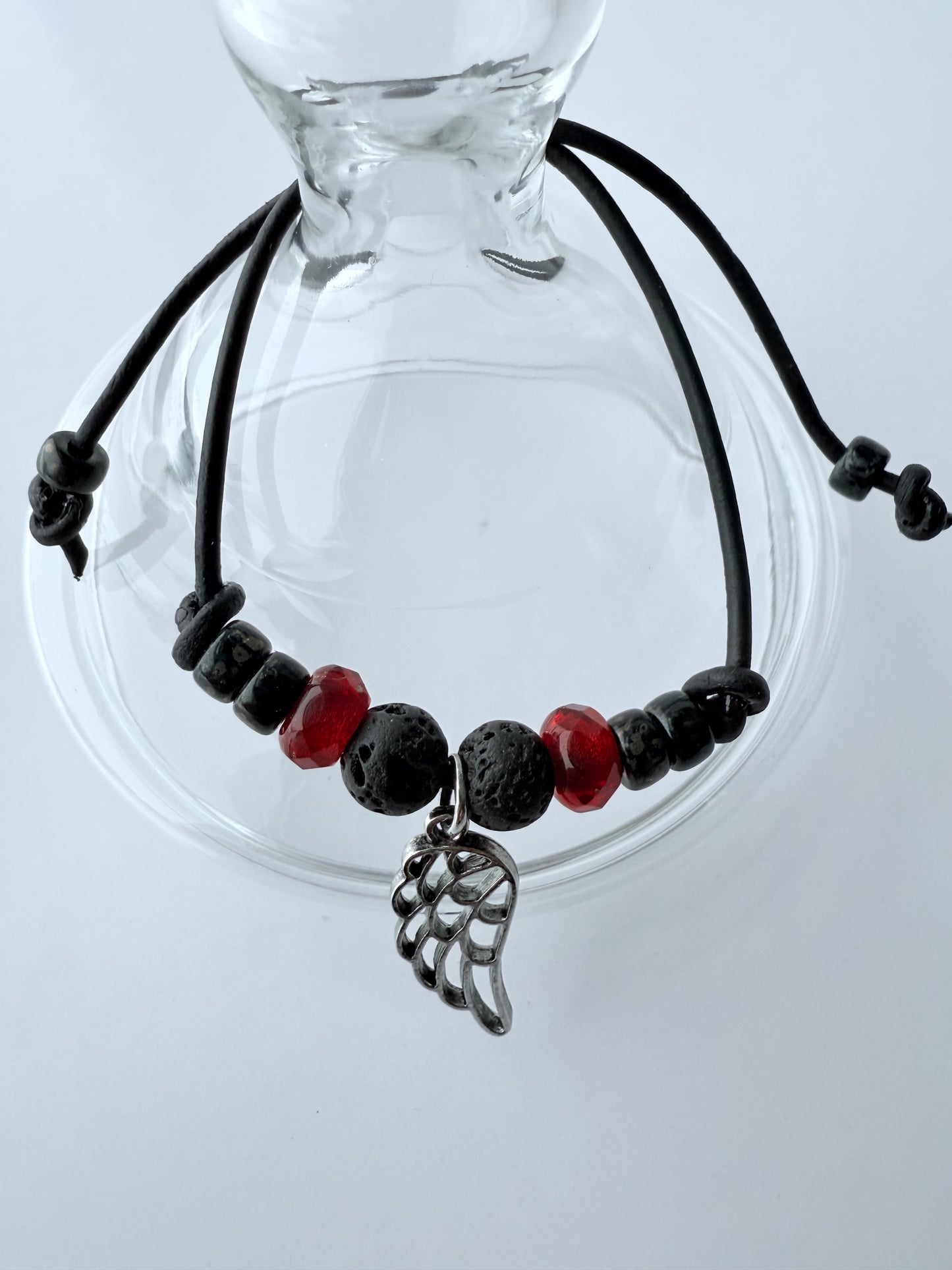 Leather Bracelet with Red & Black Czech Glass Beads