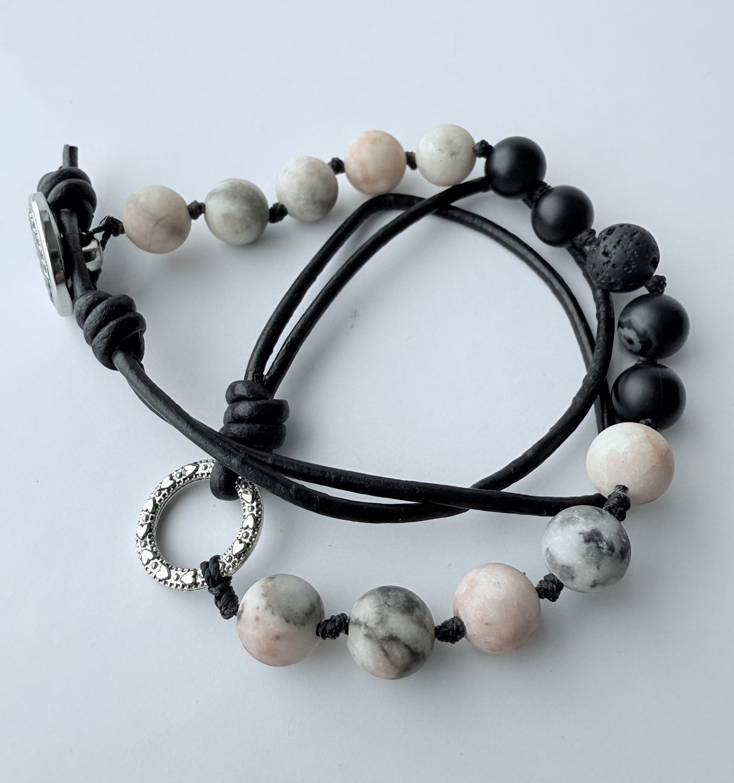Double-Wrap Knotted Bracelet, Black Agate & Pink Zebra Jasper Gemstone Beads on Leather Cording