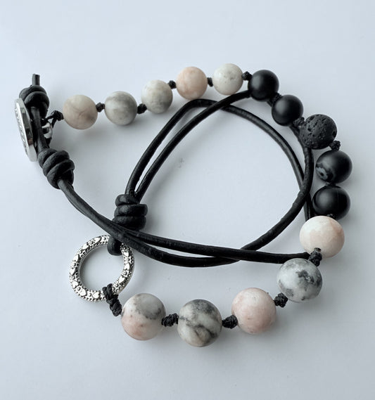 Double-Wrap Knotted Bracelet, Black Agate & Pink Zebra Jasper Gemstone Beads on Leather Cording