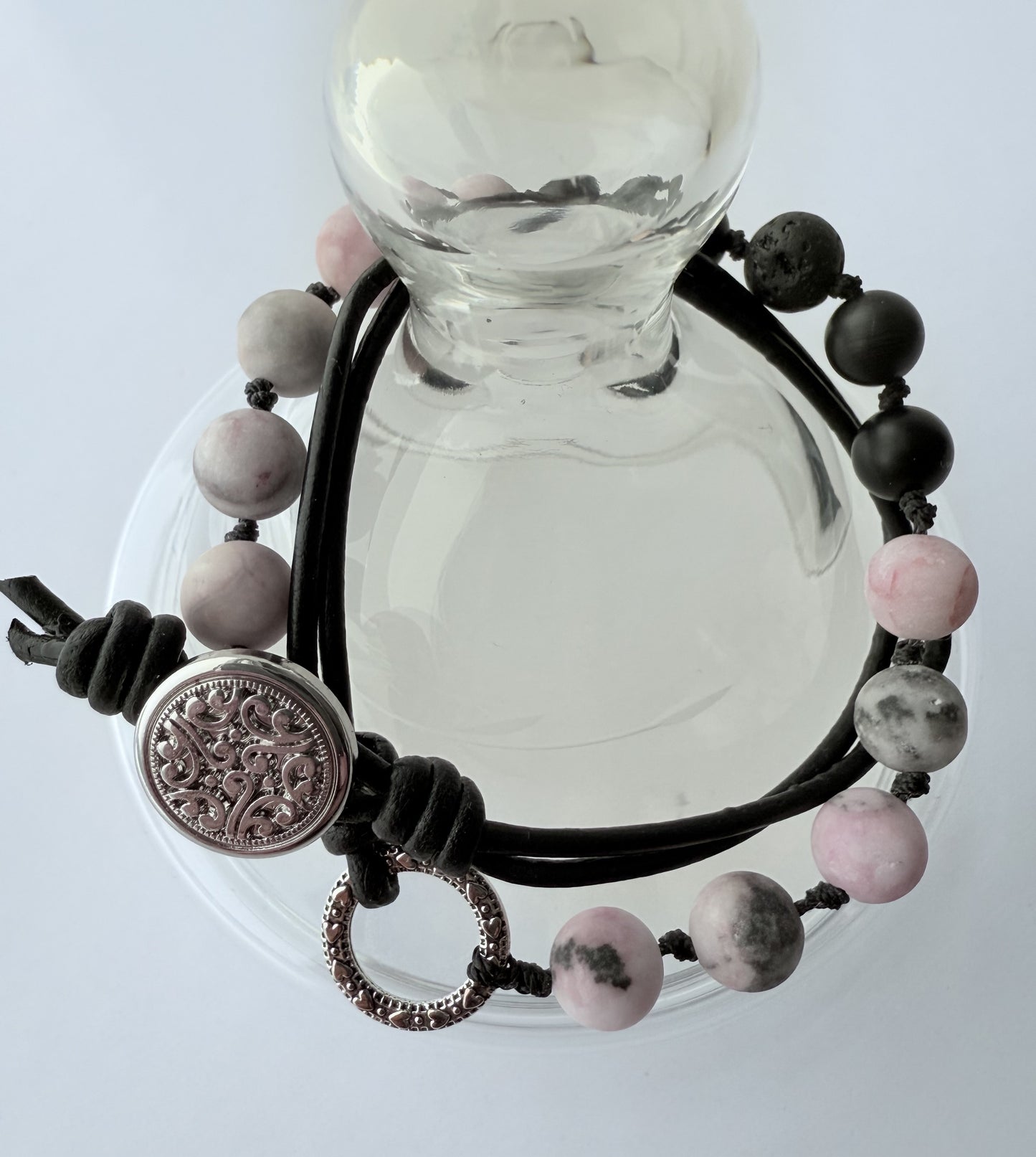 Double-Wrap Knotted Bracelet, Black Agate & Pink Zebra Jasper Gemstone Beads on Leather Cording