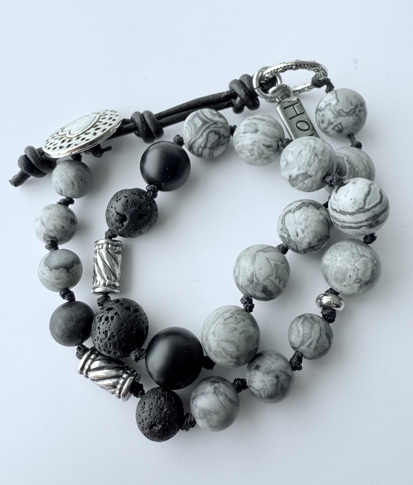 Double-Wrap Knotted Bracelet, Black & Grey Agate Gemstone Beads on Leather Cording