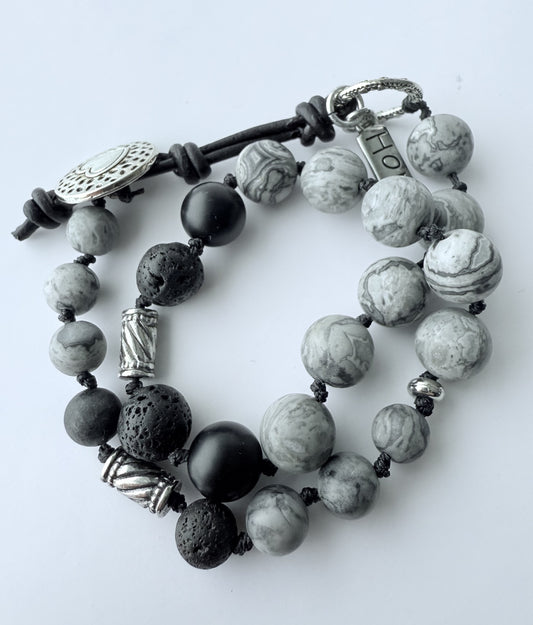 Double-Wrap Knotted Bracelet, Black & Grey Agate Gemstone Beads on Leather Cording