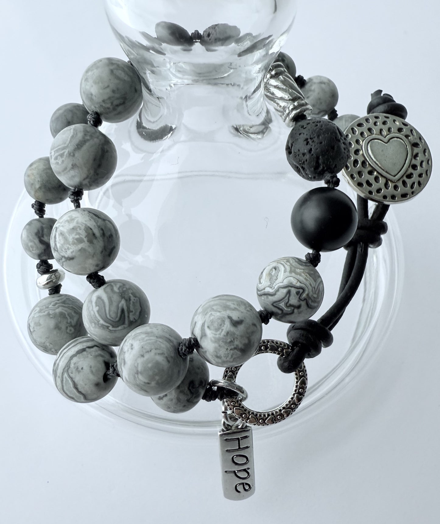 Double-Wrap Knotted Bracelet, Black & Grey Agate Gemstone Beads on Leather Cording