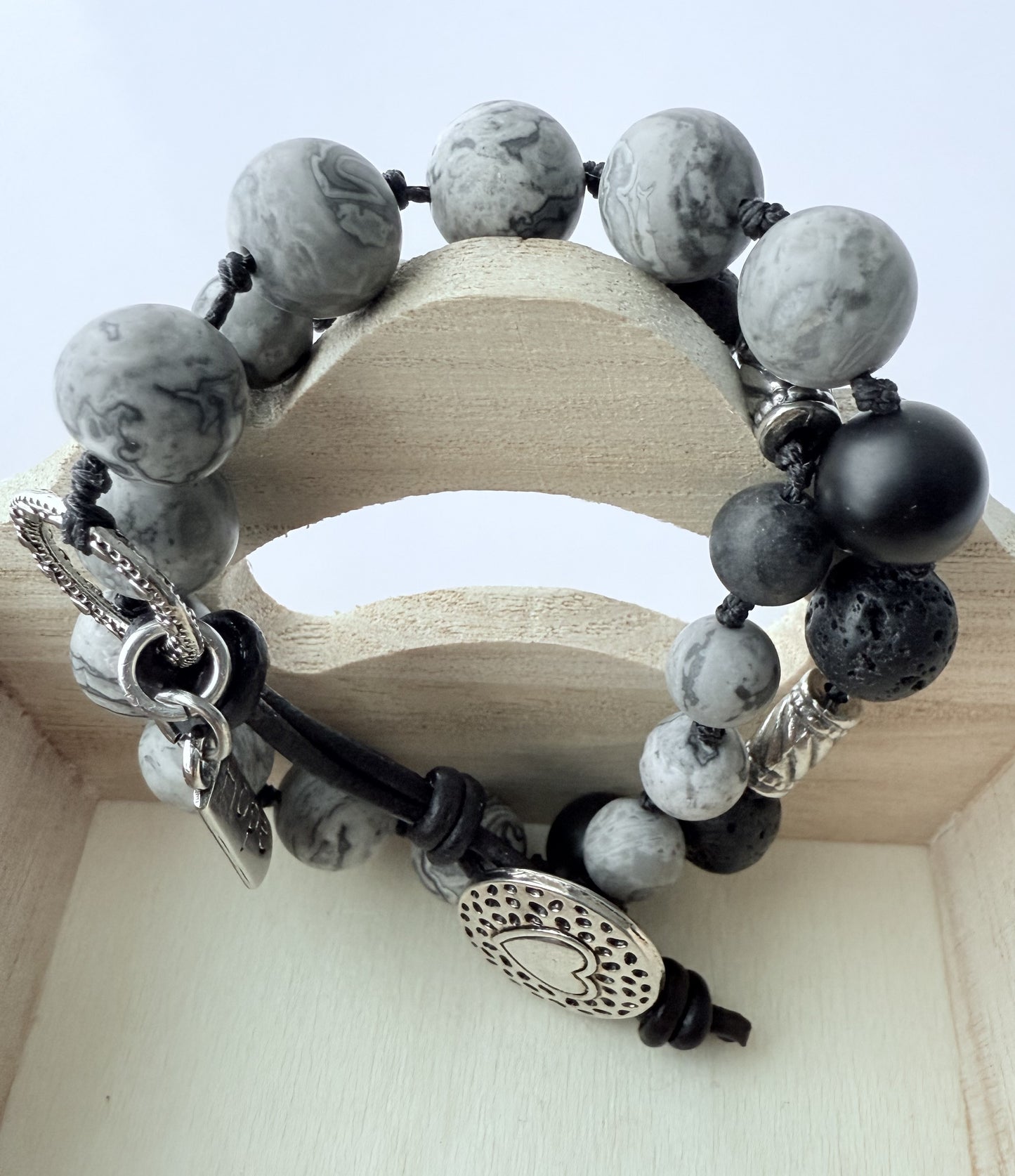 Double-Wrap Knotted Bracelet, Black & Grey Agate Gemstone Beads on Leather Cording