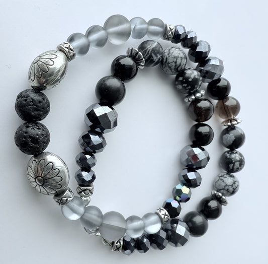 Double-Wrap Stretch Bracelet with Black & Transparent Grey Glass & Jasper Gemstone Beads