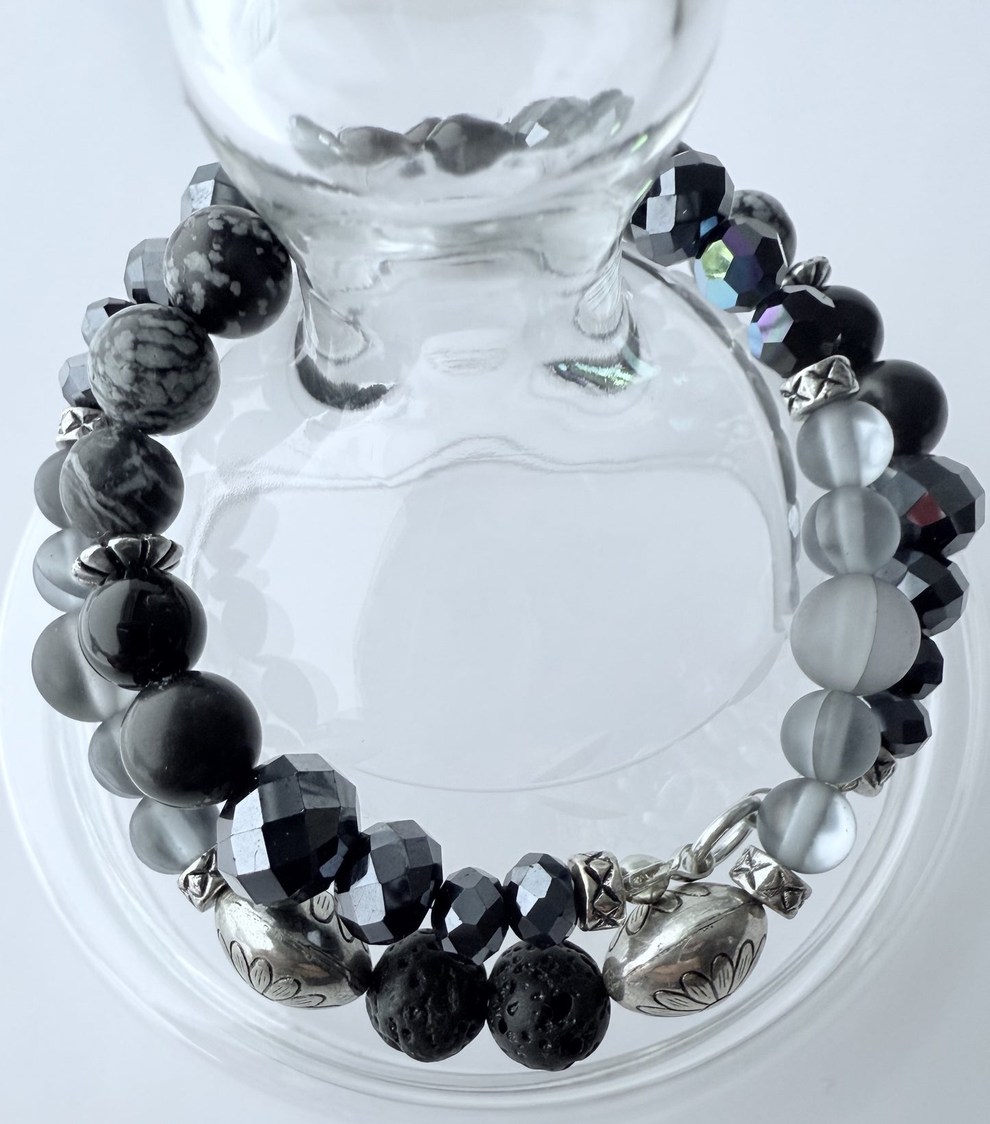 Double-Wrap Stretch Bracelet with Black & Transparent Grey Glass & Jasper Gemstone Beads