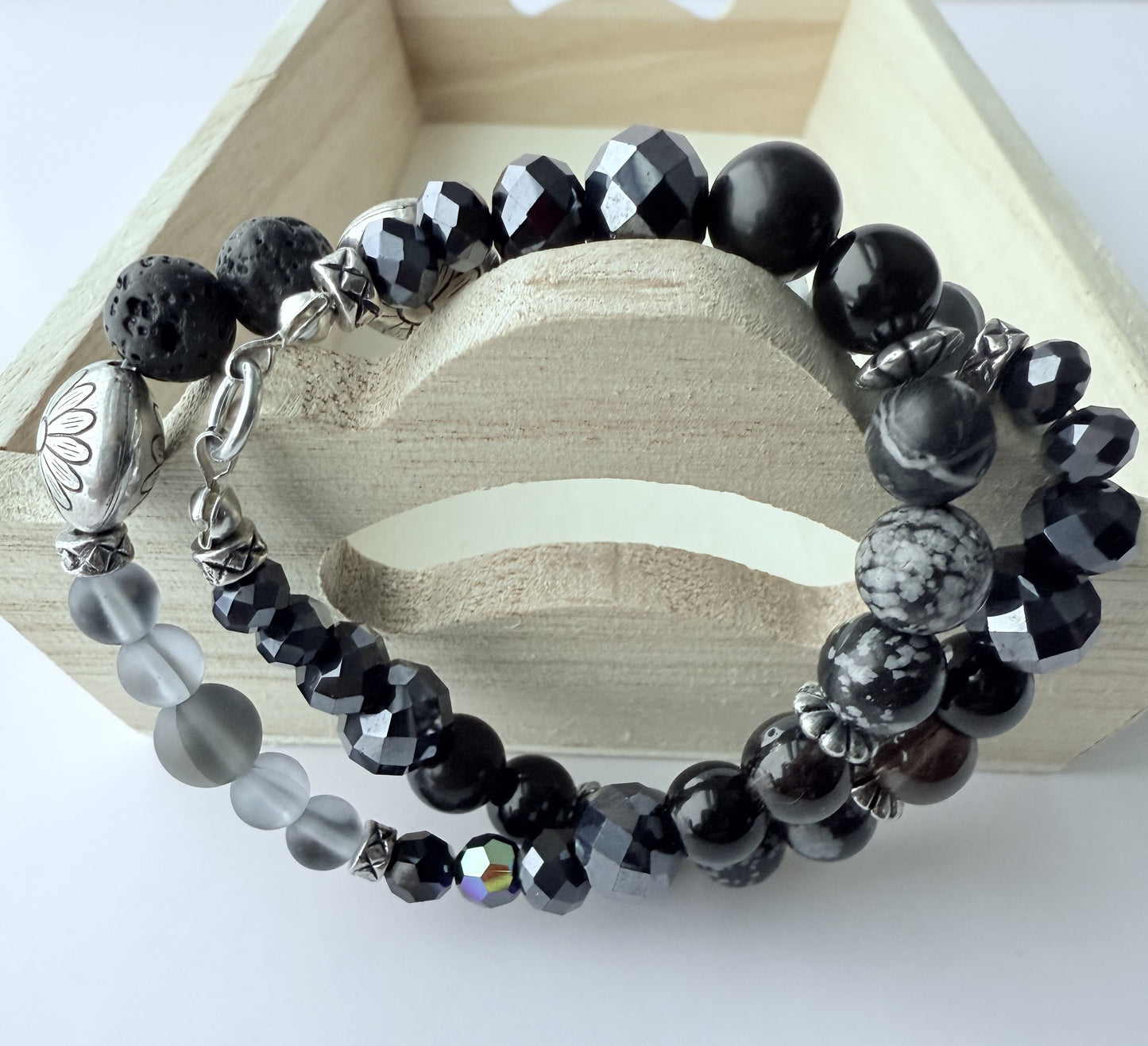 Double-Wrap Stretch Bracelet with Black & Transparent Grey Glass & Jasper Gemstone Beads