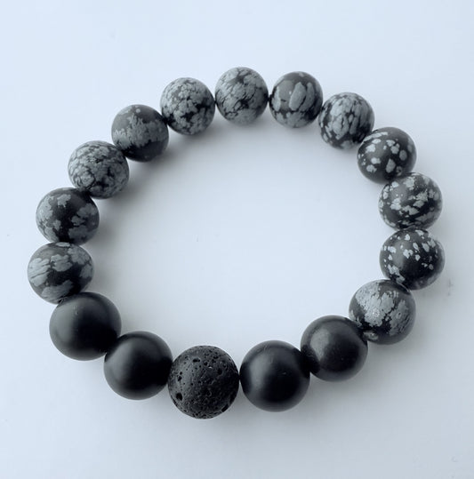 Black & Grey Jasper & Agate Gemstone Stretch Bracelet