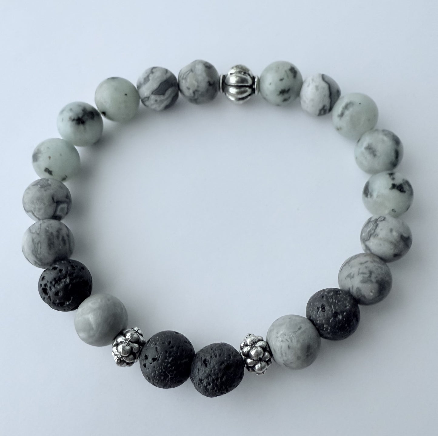 Grey Agate & Grey Spotted Jasper Gemstone Beaded Stretch Bracelet