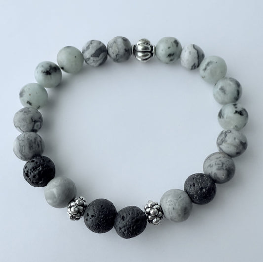Grey Agate & Grey Spotted Jasper Gemstone Beaded Stretch Bracelet