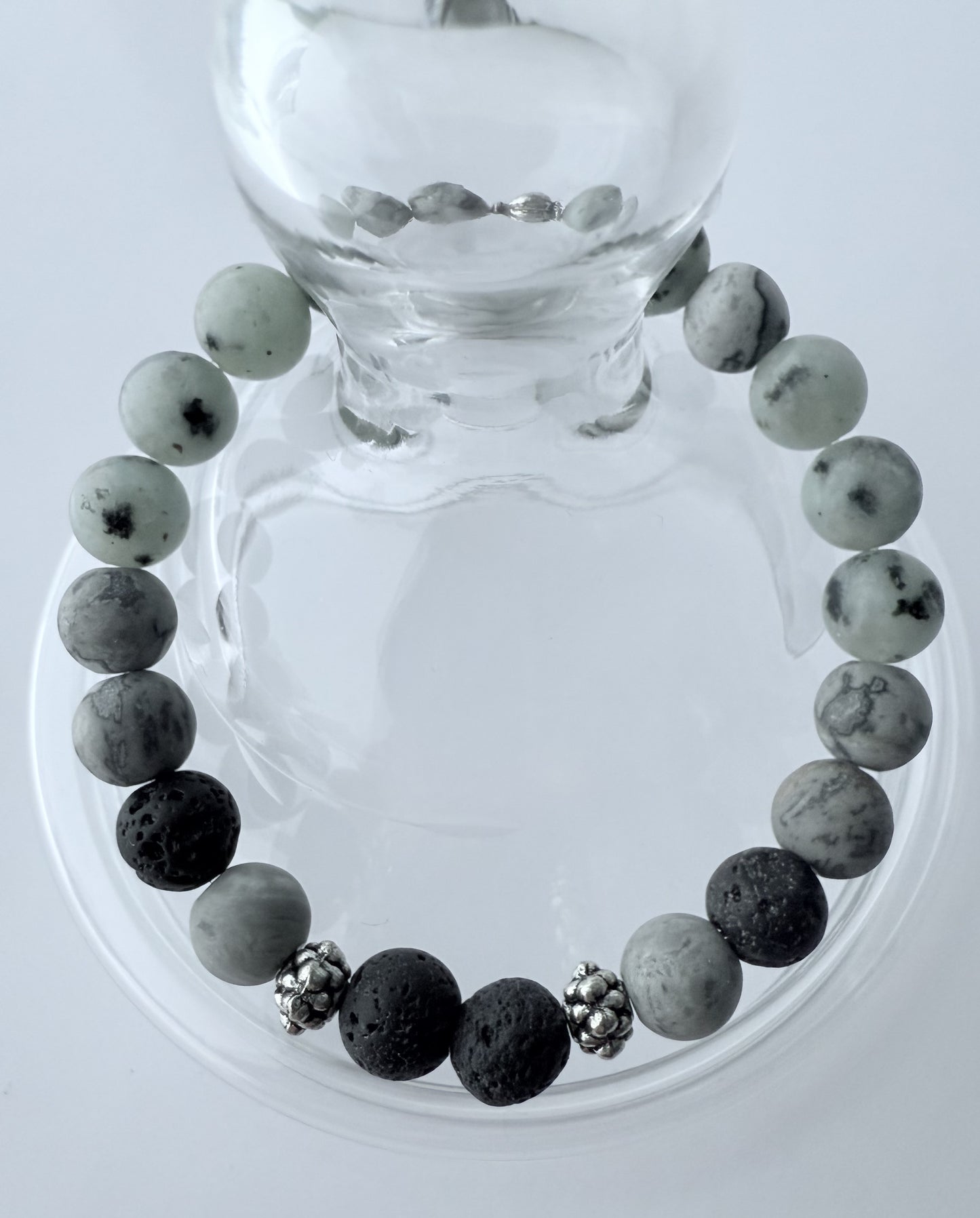 Grey Agate & Grey Spotted Jasper Gemstone Beaded Stretch Bracelet
