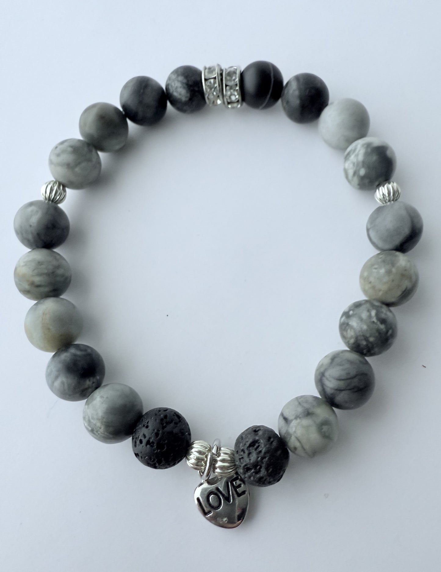 Black & Grey Agate Gemstone Beaded Stretch Bracelet