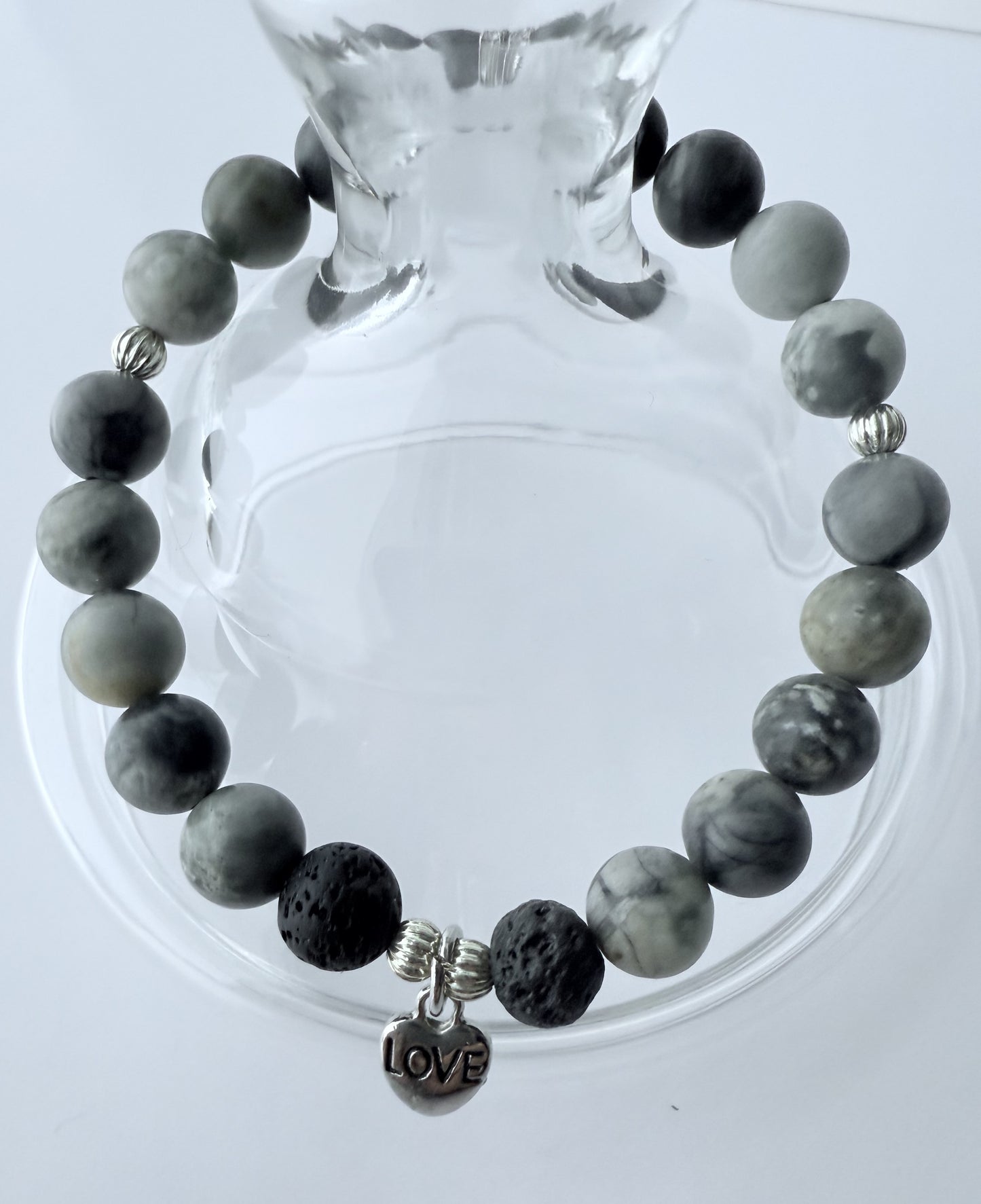 Black & Grey Agate Gemstone Beaded Stretch Bracelet