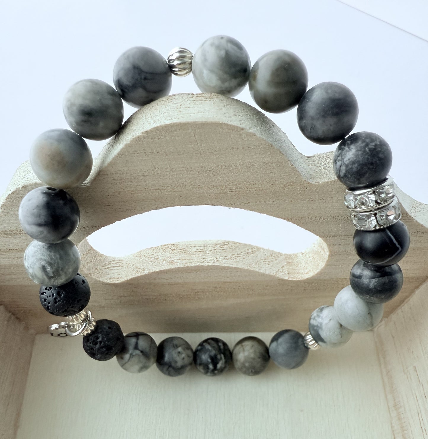 Black & Grey Agate Gemstone Beaded Stretch Bracelet