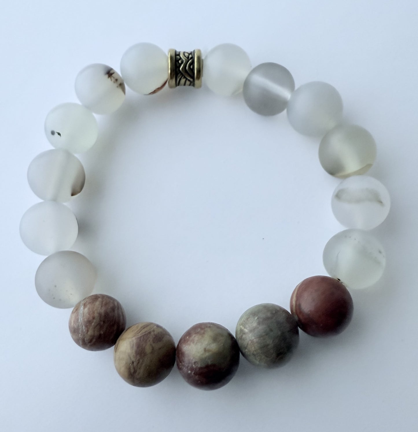 Translucent Grey Agate & Brown Jasper Gemstone Beaded Stretch Bracelet