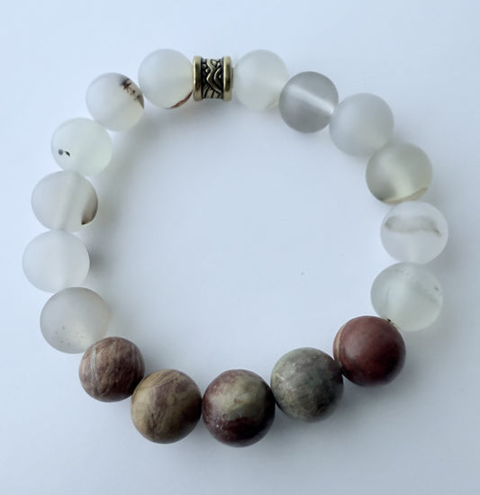 Translucent Grey Agate & Brown Jasper Gemstone Beaded Stretch Bracelet