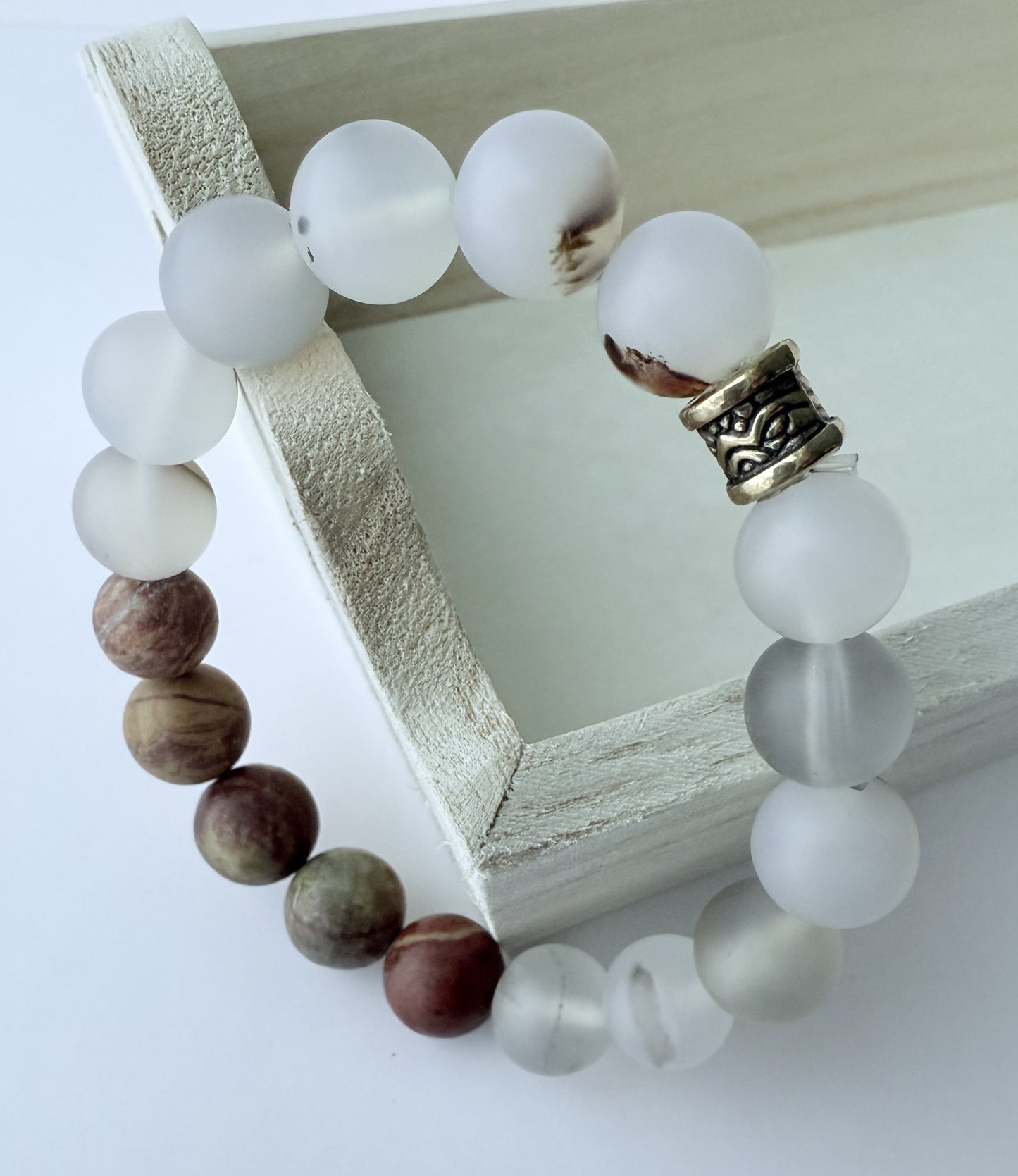 Translucent Grey Agate & Brown Jasper Gemstone Beaded Stretch Bracelet