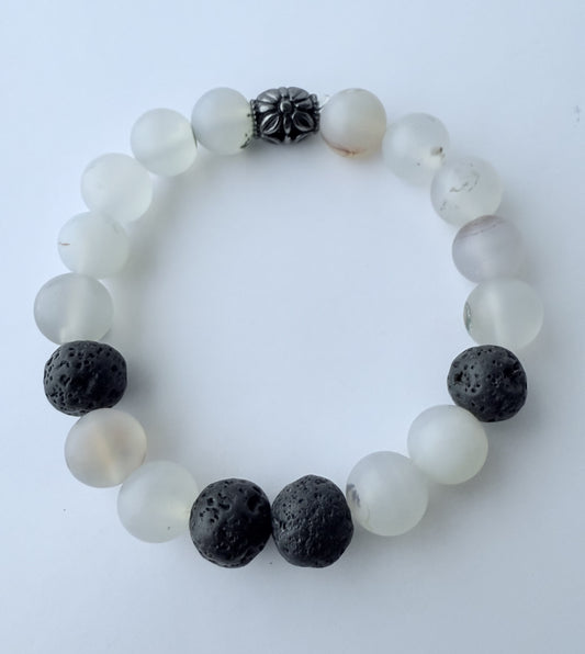 Translucent Grey/White Agate Gemstone Beaded Stretch Bracelet