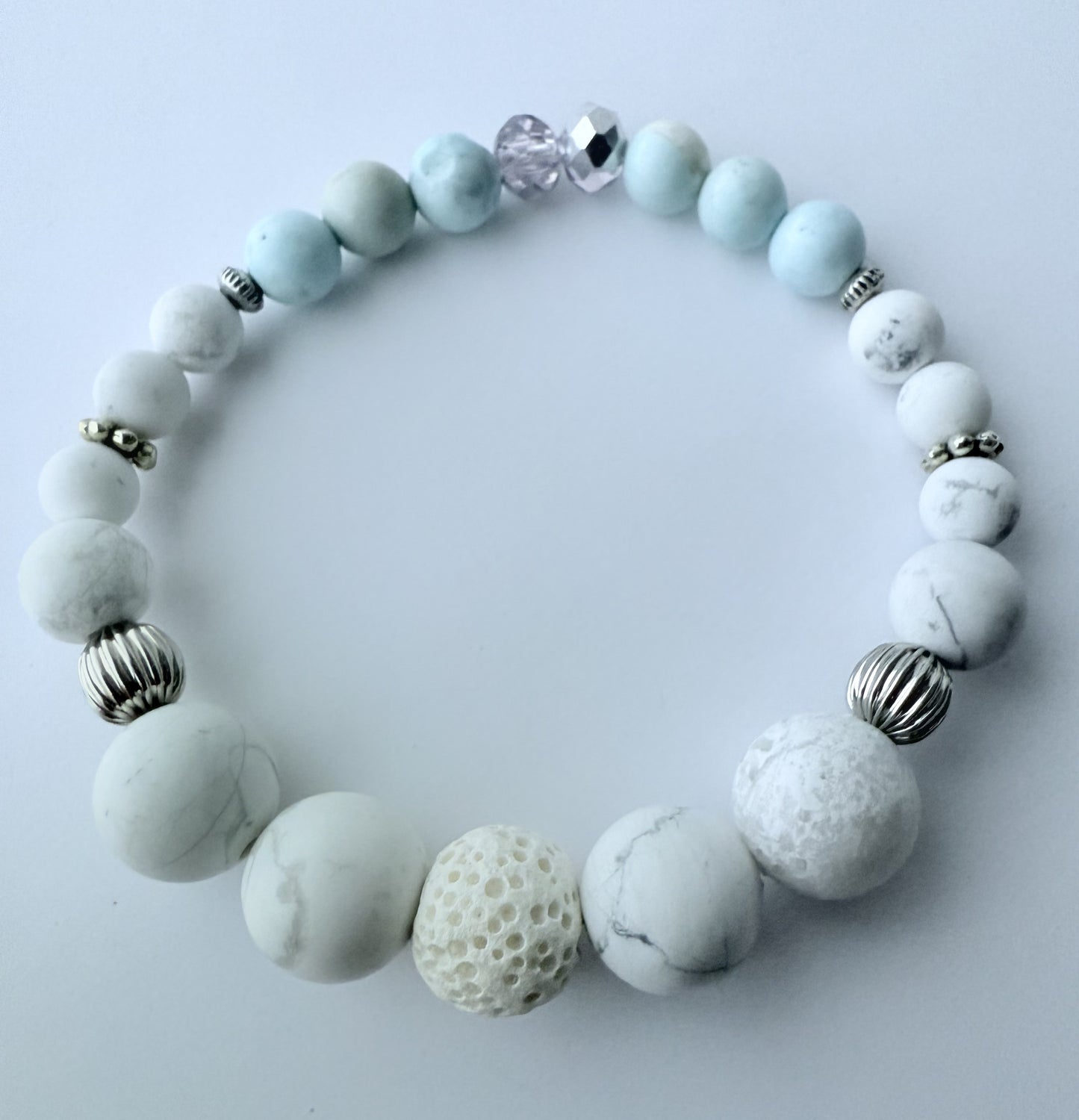 White Howlite & Robin Egg Blue Jasper Gemstone Beaded Stretch Bracelet