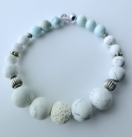 White Howlite & Robin Egg Blue Jasper Gemstone Beaded Stretch Bracelet