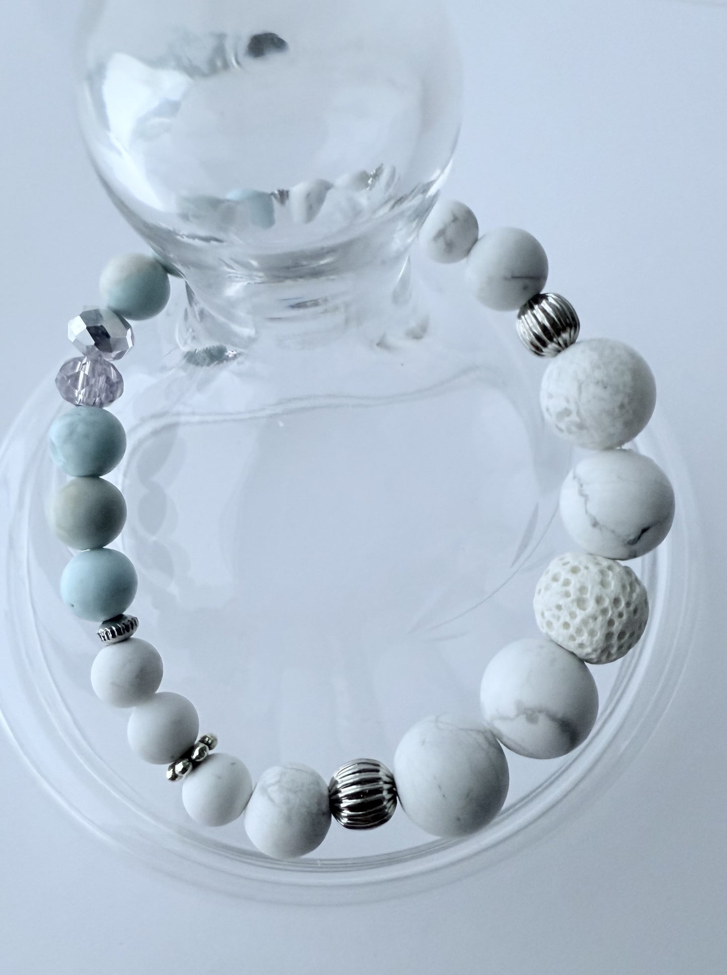White Howlite & Robin Egg Blue Jasper Gemstone Beaded Stretch Bracelet