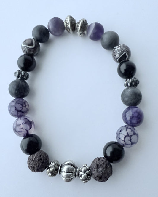Purple Mix of Matte & Glossy Gemstone Beaded Stretch Bracelet