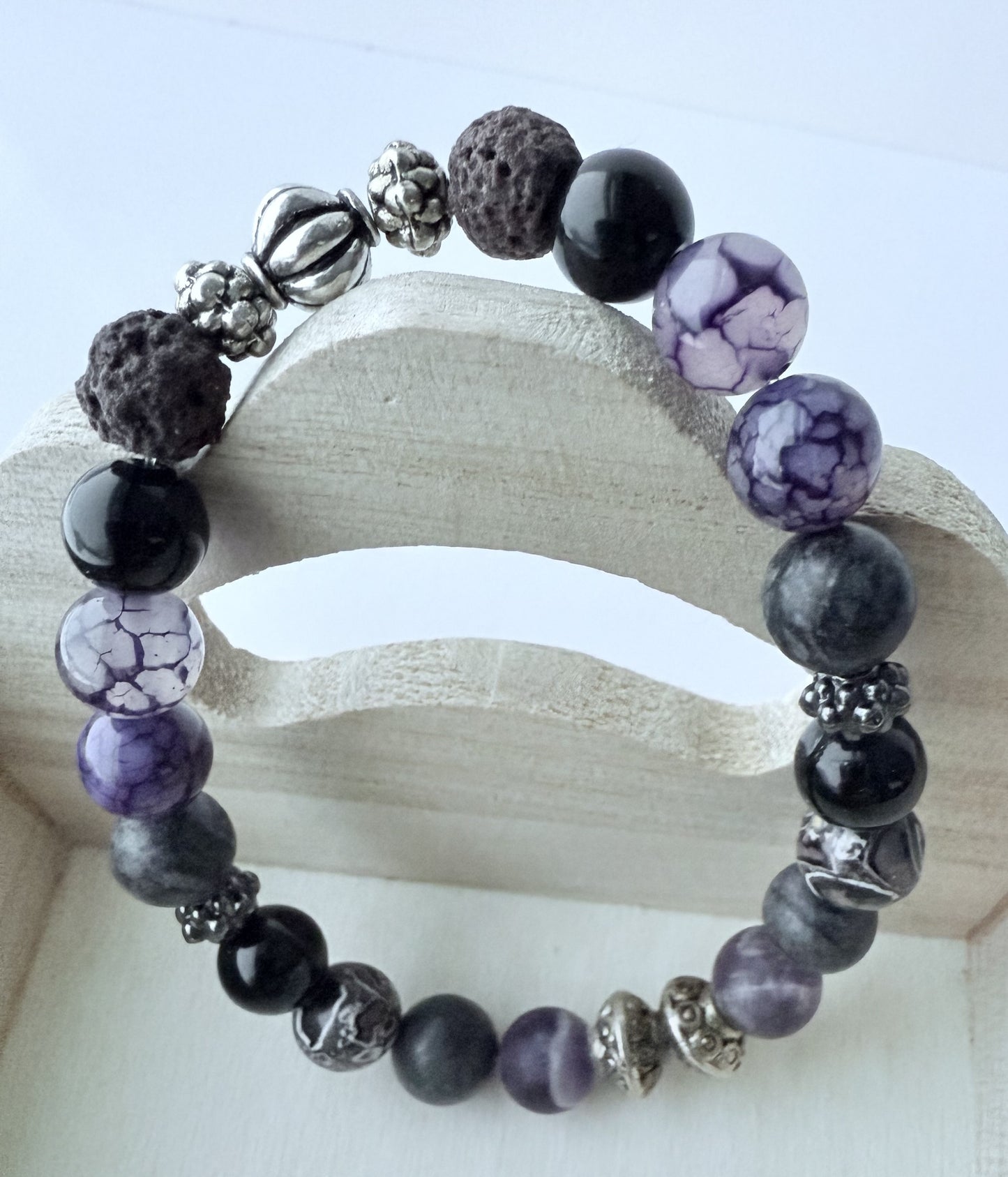Purple Mix of Matte & Glossy Gemstone Beaded Stretch Bracelet