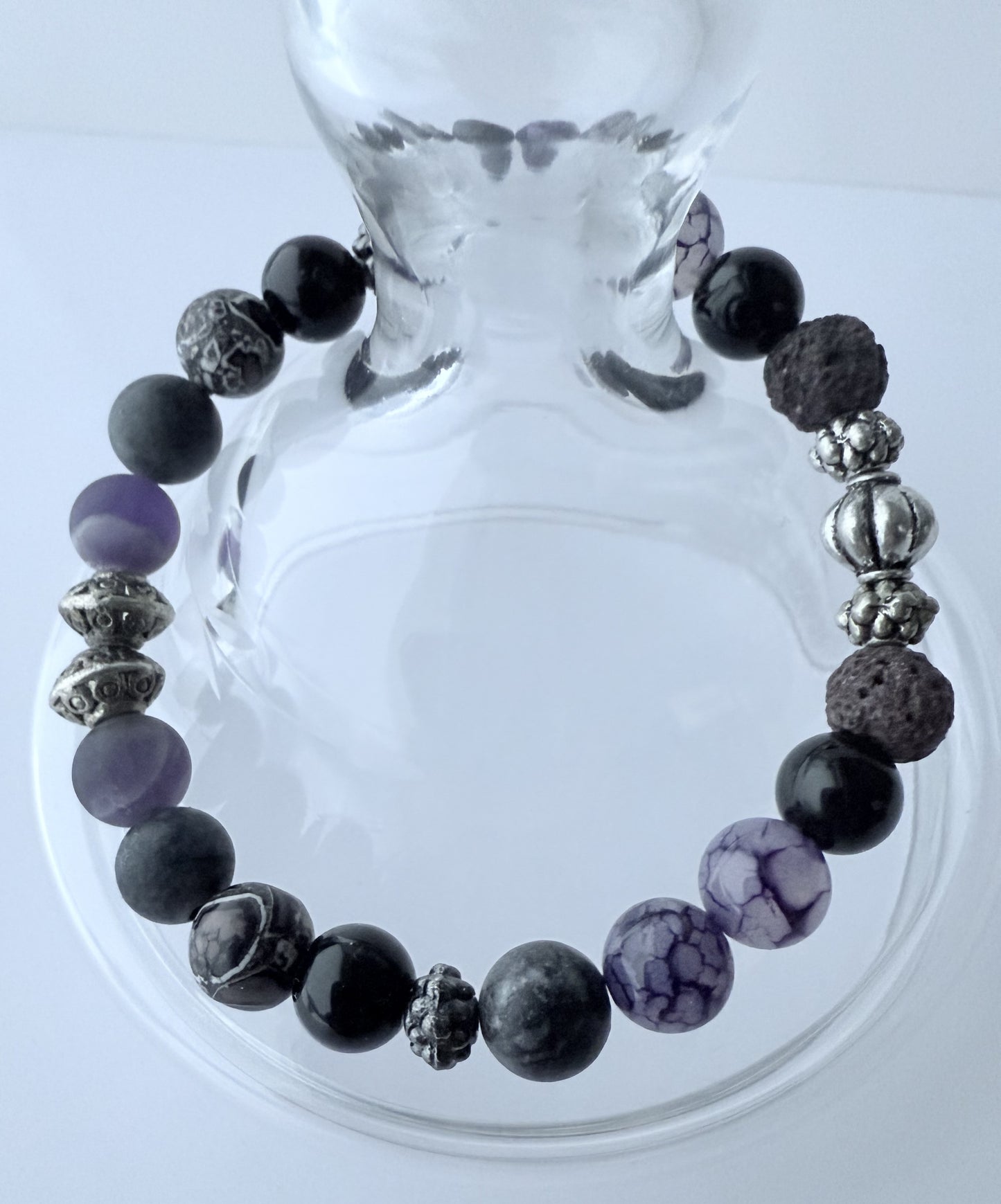 Purple Mix of Matte & Glossy Gemstone Beaded Stretch Bracelet