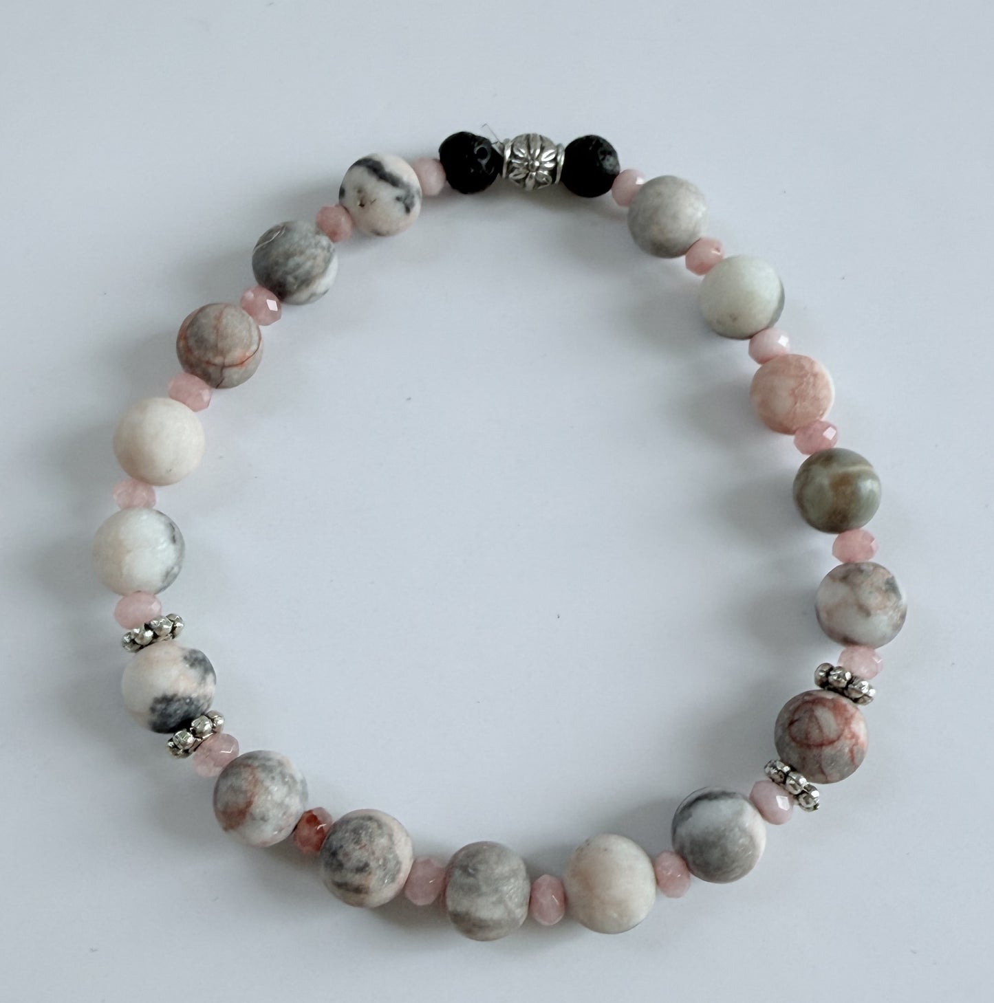 Pink Zebra Jasper Gemstone & Czech Glass Beaded Stretch Bracelet