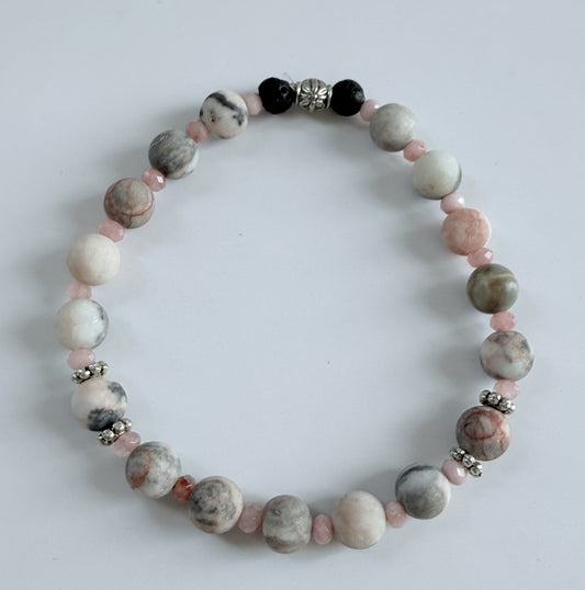 Pink Zebra Jasper Gemstone & Czech Glass Beaded Stretch Bracelet