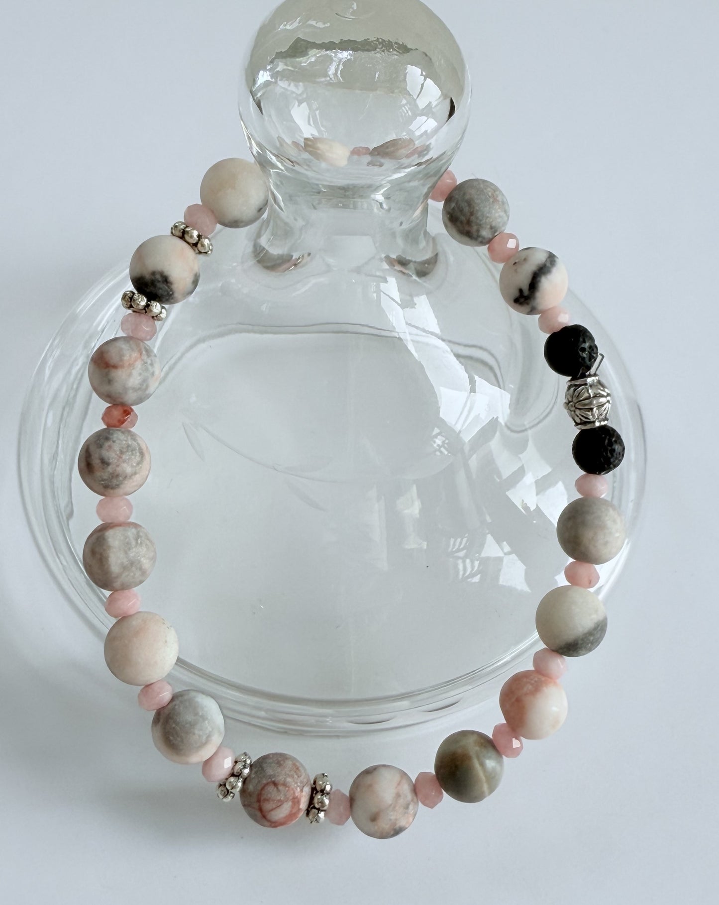 Pink Zebra Jasper Gemstone & Czech Glass Beaded Stretch Bracelet