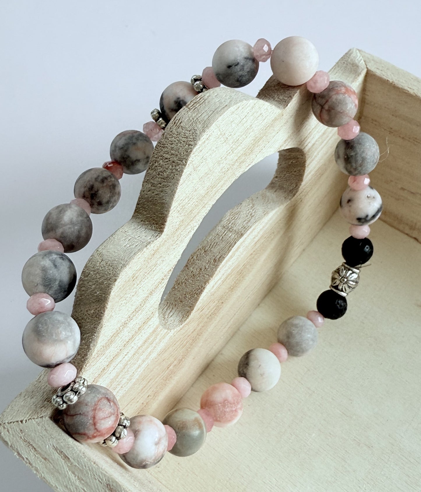 Pink Zebra Jasper Gemstone & Czech Glass Beaded Stretch Bracelet