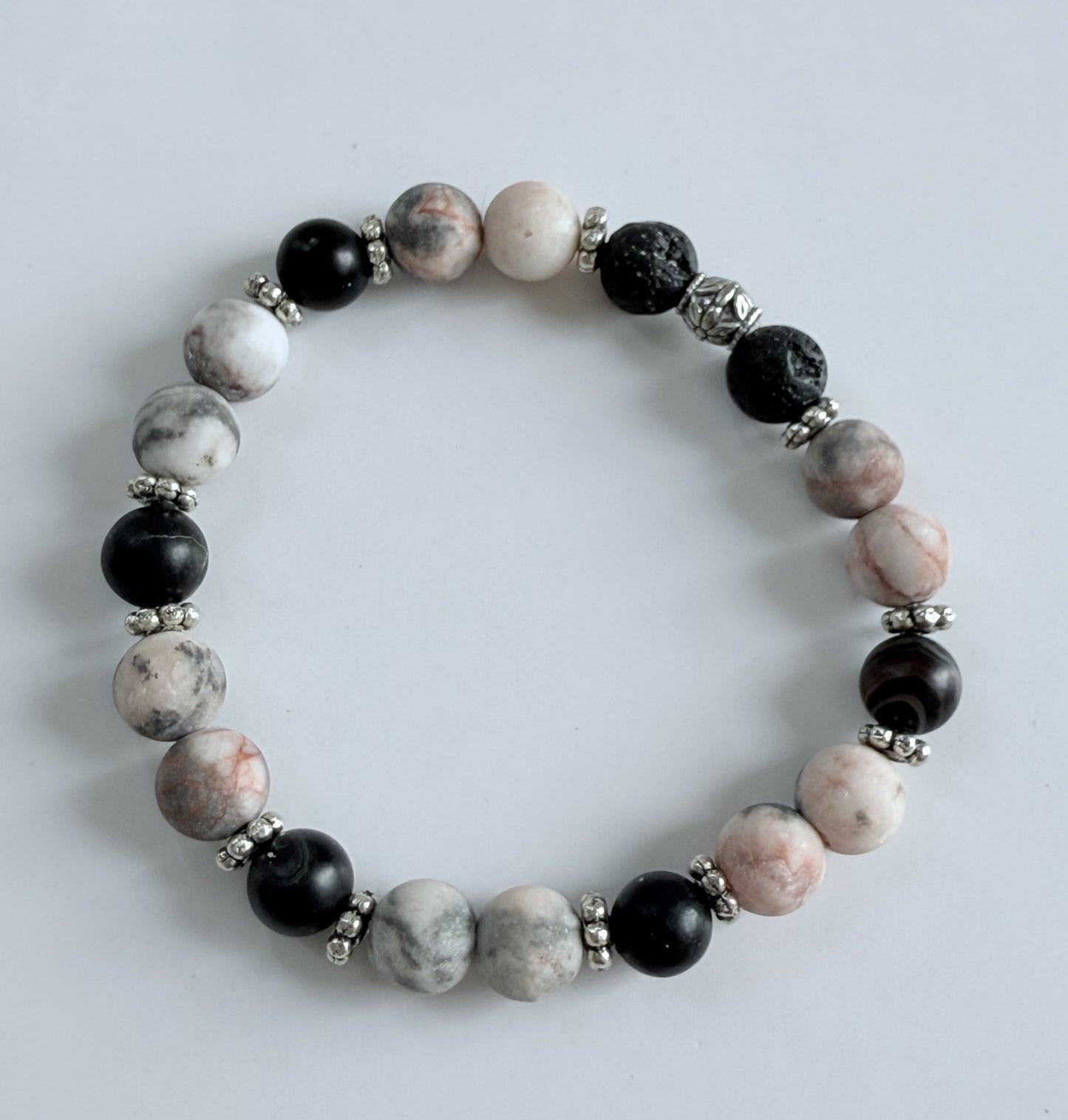 Pink Zebra Jasper & Black Agate Gemstone Beaded Stretch Bracelet